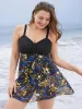 Tropical Print Patchwork A Line Ruched Swim Dress sold by Bloomchic