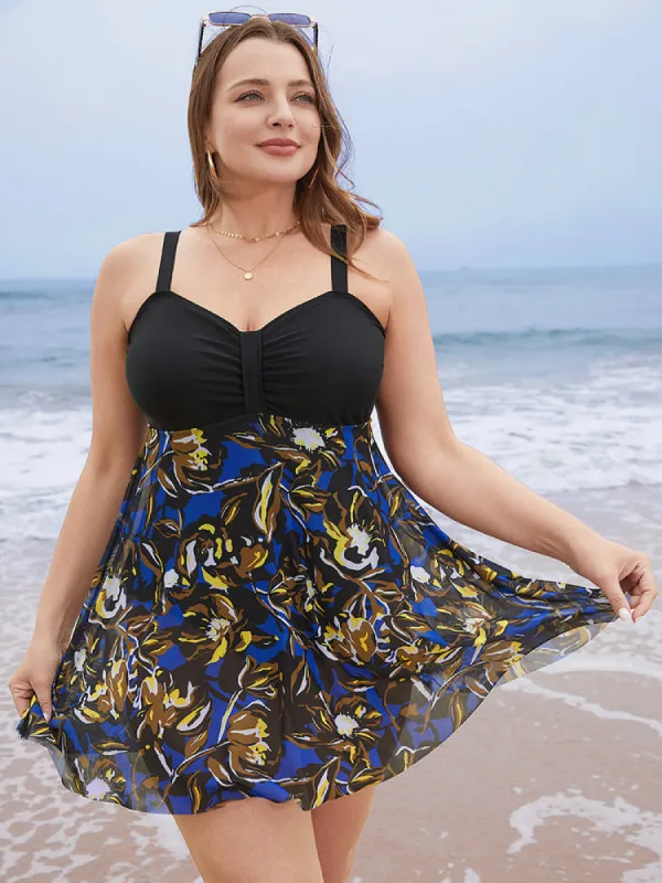 Tropical Print Patchwork A Line Ruched Swim Dress sold by Bloomchic