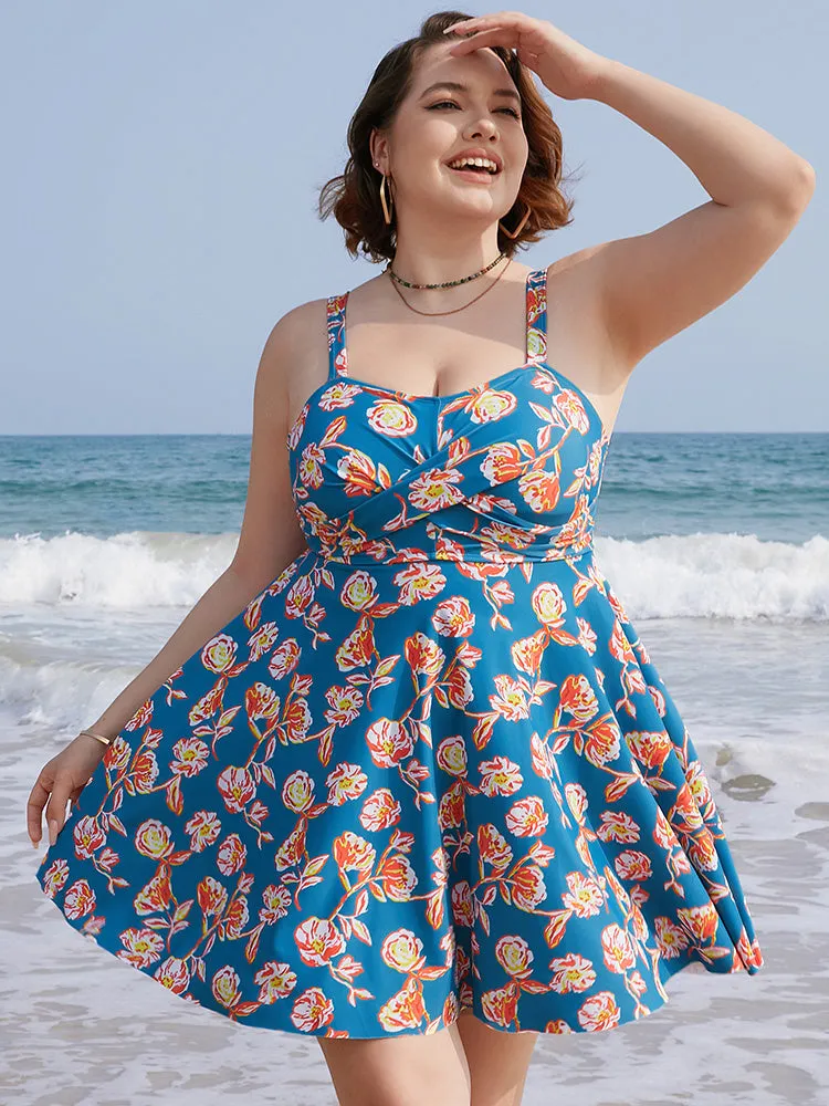Floral Contrast Crossover Front Ruffles Adjustable Straps Swim Dress sold by Bloomchic