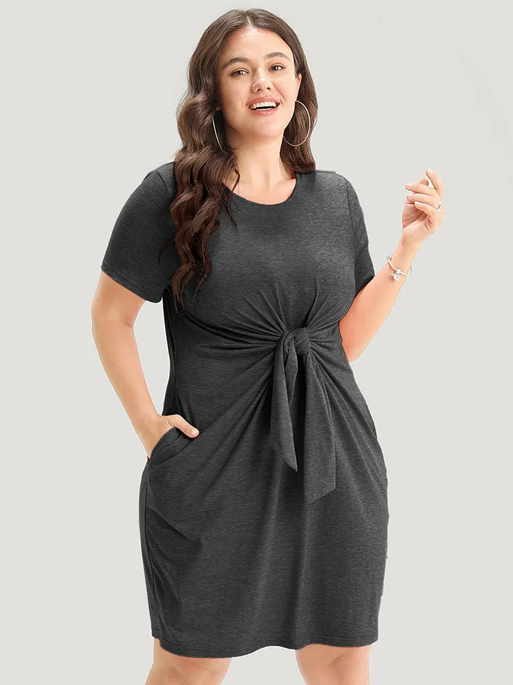Solid Round Neck Pocket Knot Front Knee Dress sold by Bloomchic