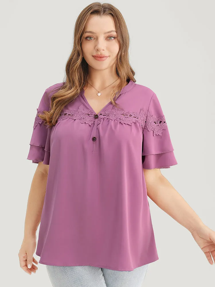 Floral Patchwork Button Detail Ruffle Tiered Sleeve Blouse sold by Bloomchic