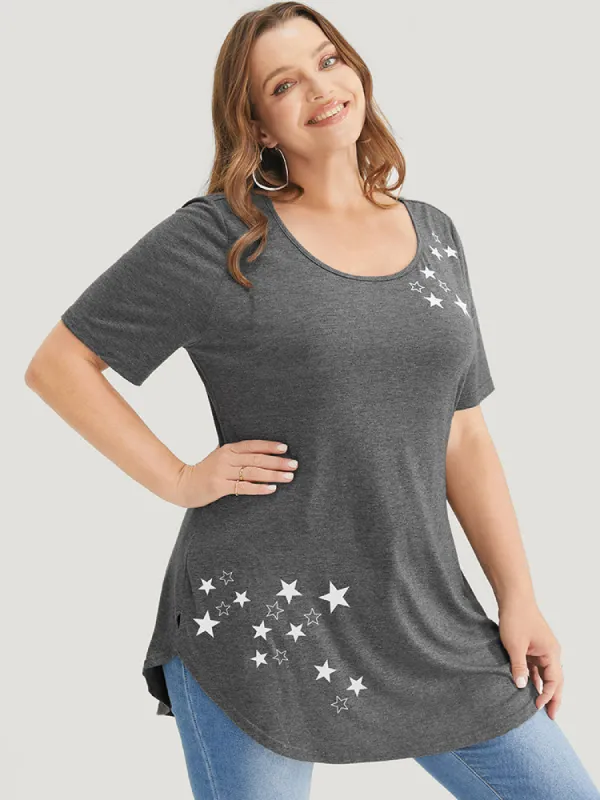 Star Print Split Arc Hem T-shirt sold by Bloomchic