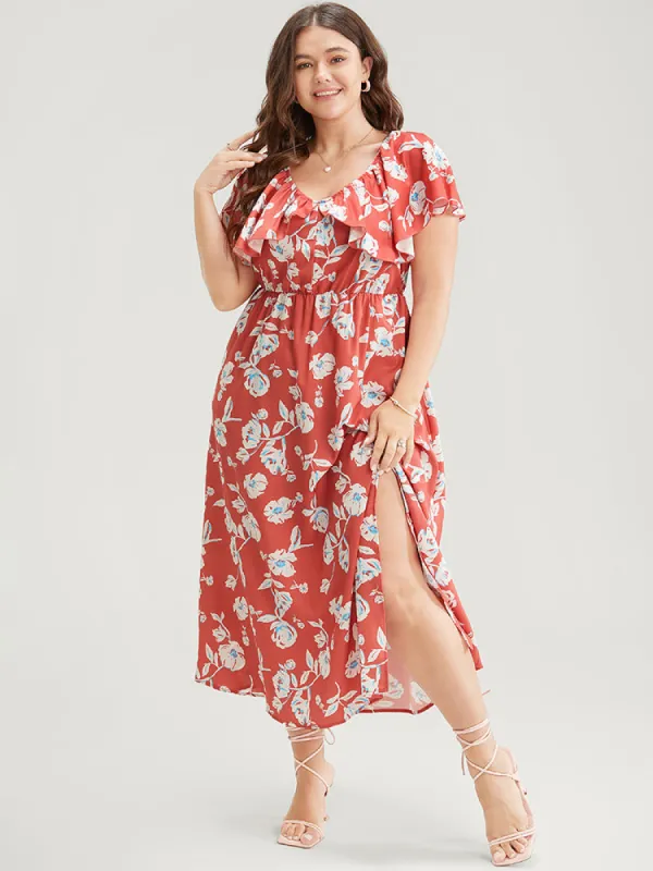 Floral Printed Ruffle Trim Pocket V Neck Split Hem Dress sold by Bloomchic
