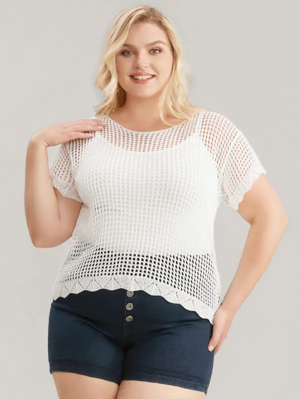 Plain Hollow Out Scalloped Trim Knit Top sold by Bloomchic