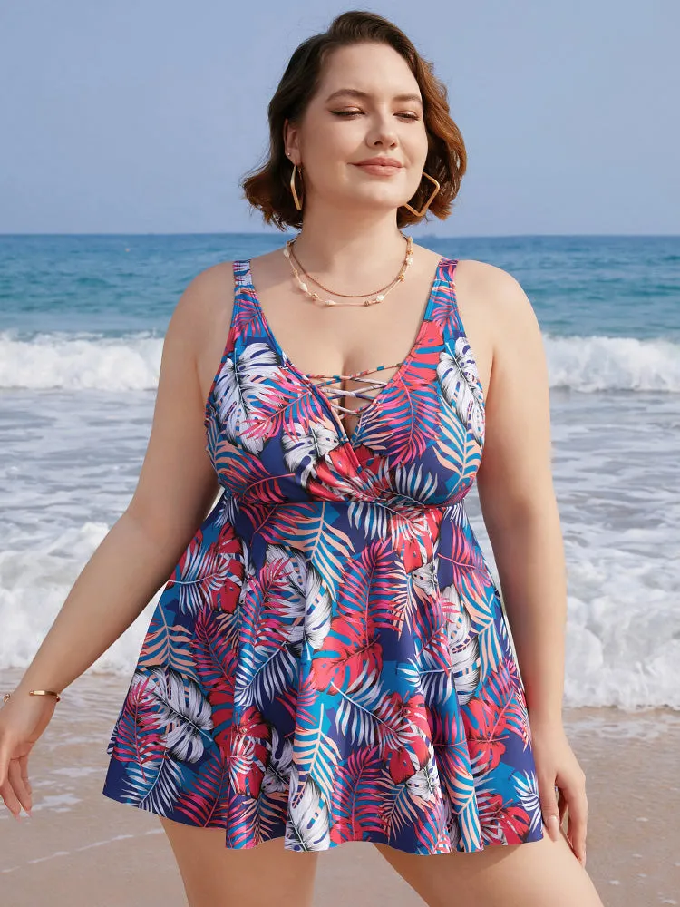 Tropical Print Wrap Ruffles Crisscross Swim Dress sold by Bloomchic