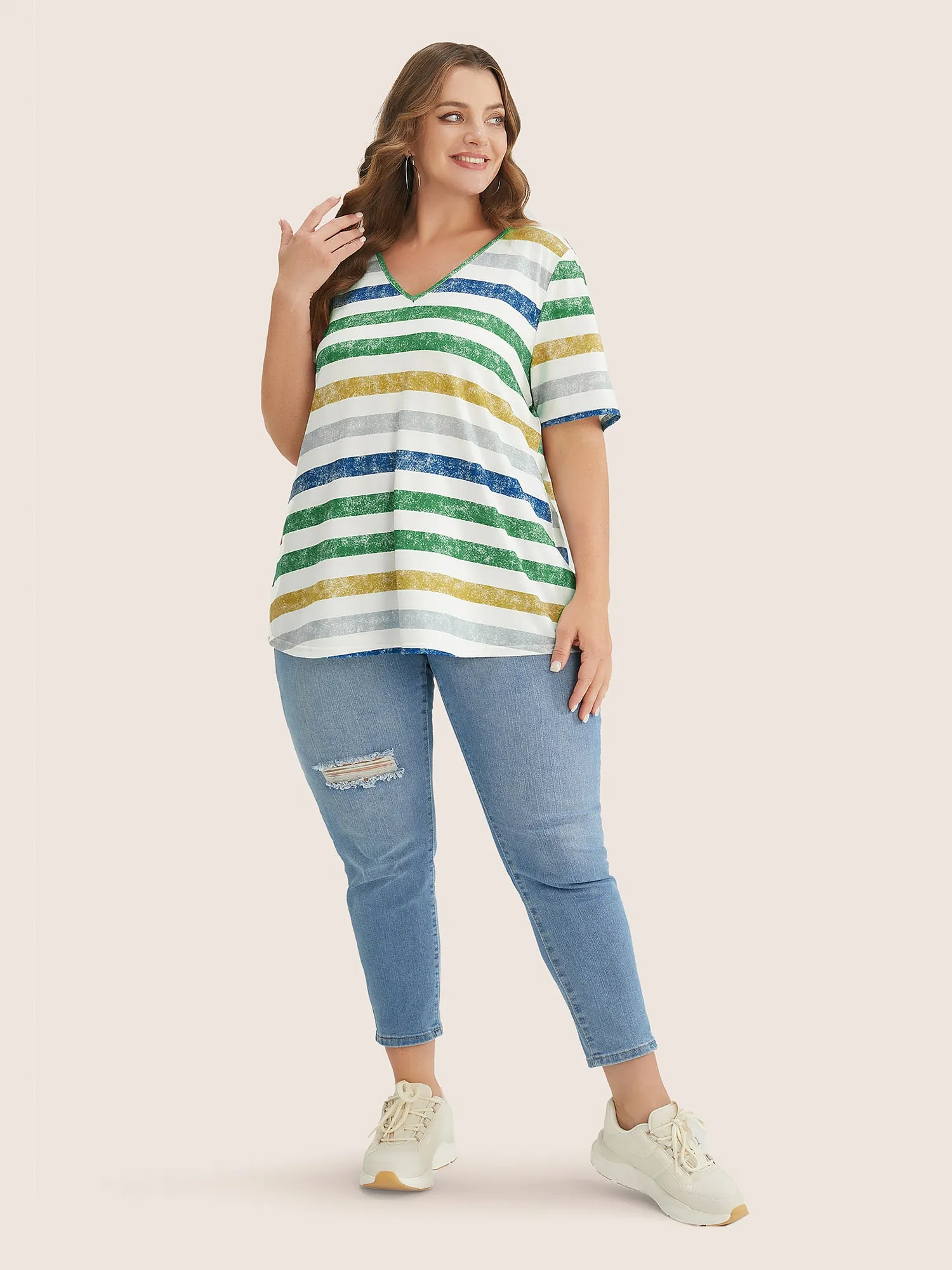Striped Contrast V Neck T-shirt sold by Bloomchic product image thumbnail 2
