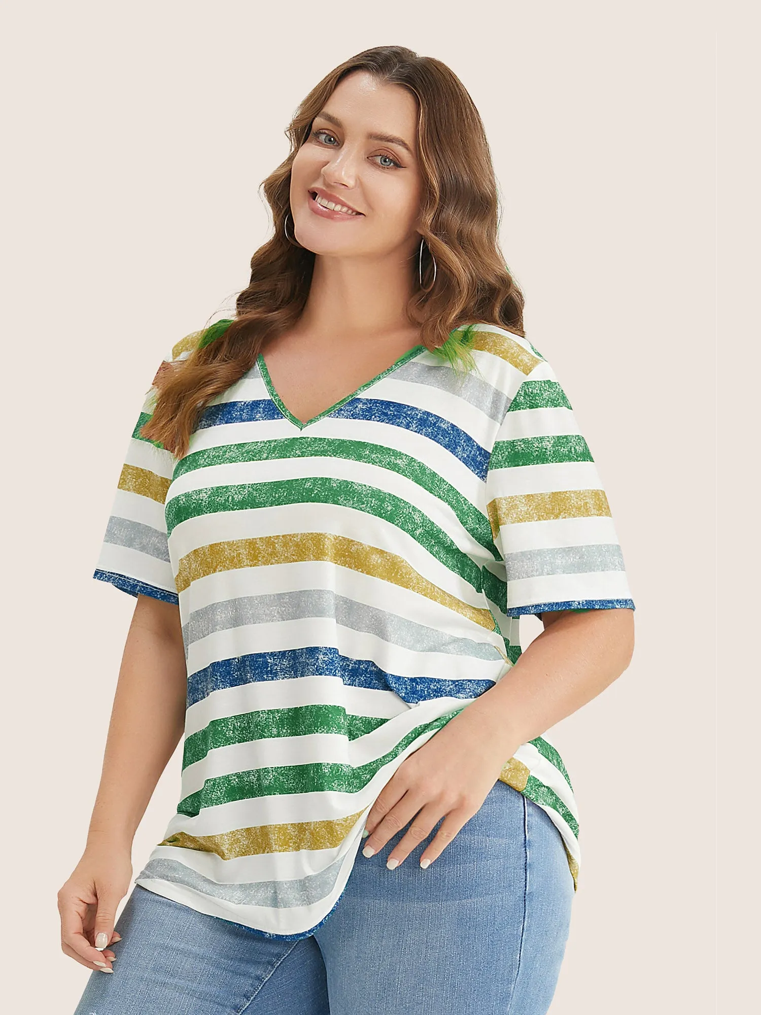 Striped Contrast V Neck T-shirt sold by Bloomchic