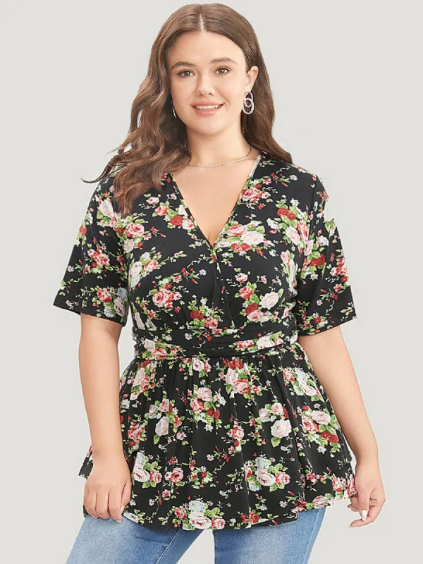 Floral Printed Wrap Gathered Ruffles Hem  T-shirt sold by Bloomchic