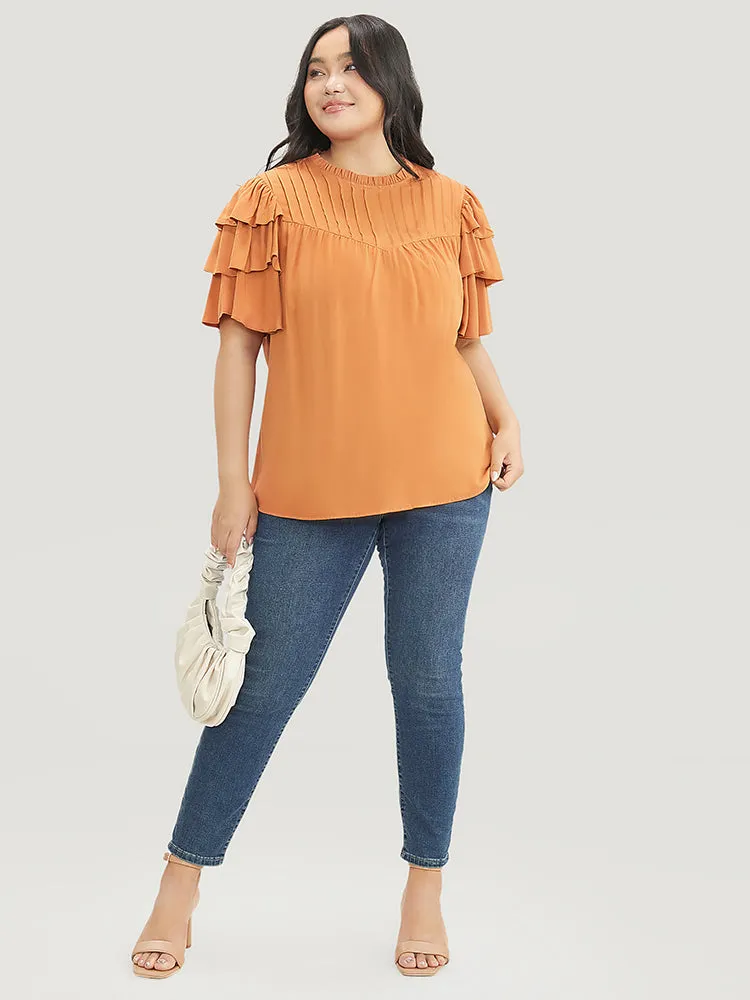 Solid Pleated Keyhole Ruffle Tiered Sleeve Frill Trim Blouse sold by Bloomchic product image thumbnail 5