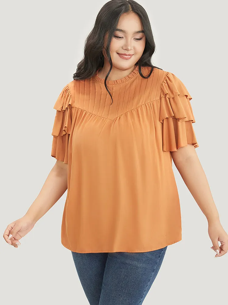 Solid Pleated Keyhole Ruffle Tiered Sleeve Frill Trim Blouse sold by Bloomchic product image thumbnail 2