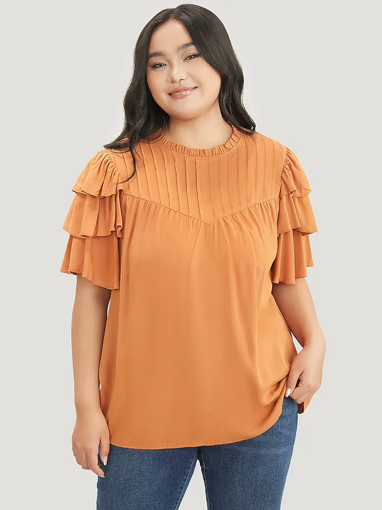 Solid Pleated Keyhole Ruffle Tiered Sleeve Frill Trim Blouse sold by Bloomchic product image thumbnail 3