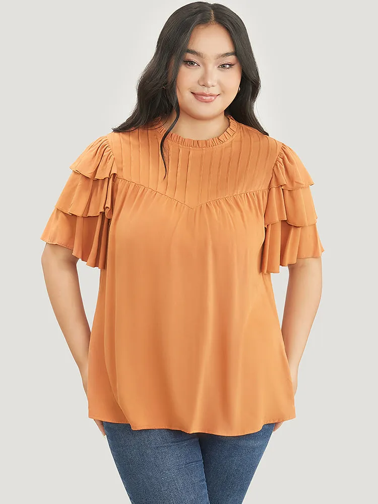 Solid Pleated Keyhole Ruffle Tiered Sleeve Frill Trim Blouse sold by Bloomchic product image thumbnail 4