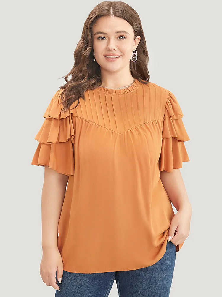 Solid Pleated Keyhole Ruffle Tiered Sleeve Frill Trim Blouse sold by Bloomchic