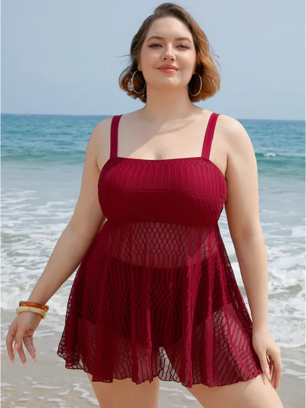 Solid Geometric Ruffles Mesh Hem Tankini Top sold by Bloomchic