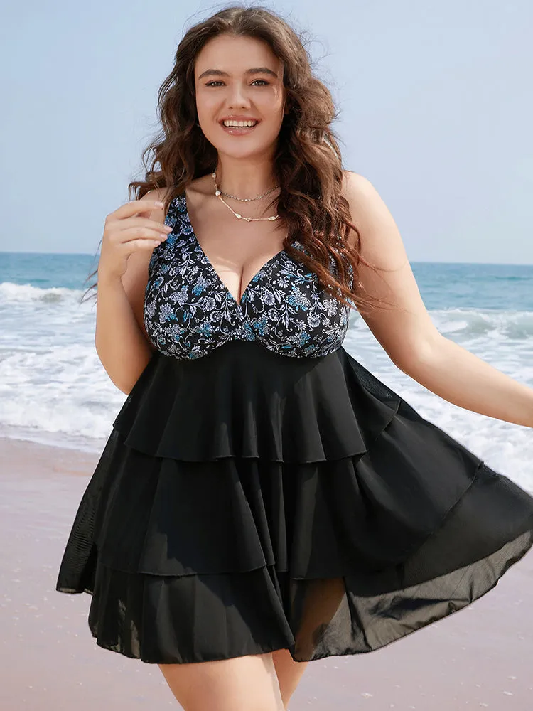 Floral Patchwork Ruffle Tiered Swim Dress sold by Bloomchic