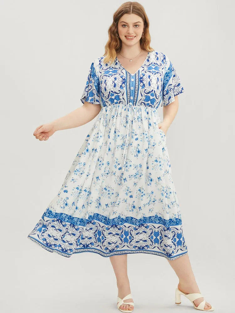 Bandana Ruffle Sleeve Button Detail Pocket Ties Up Dress sold by Bloomchic