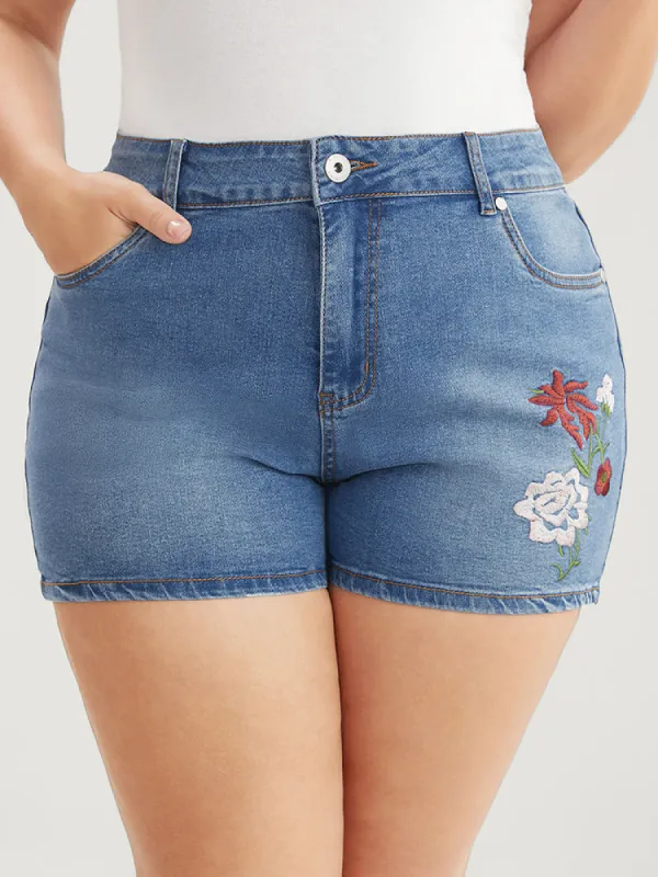Very Stretchy High Rise Medium Wash Floral Embroidered Denim Shorts sold by Bloomchic