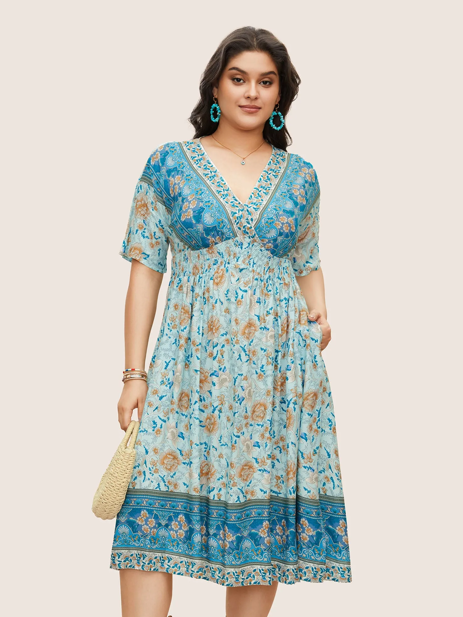 Floral Dolman Sleeve Ruffles Shirred Split Hem Dress sold by Bloomchic product image thumbnail 5