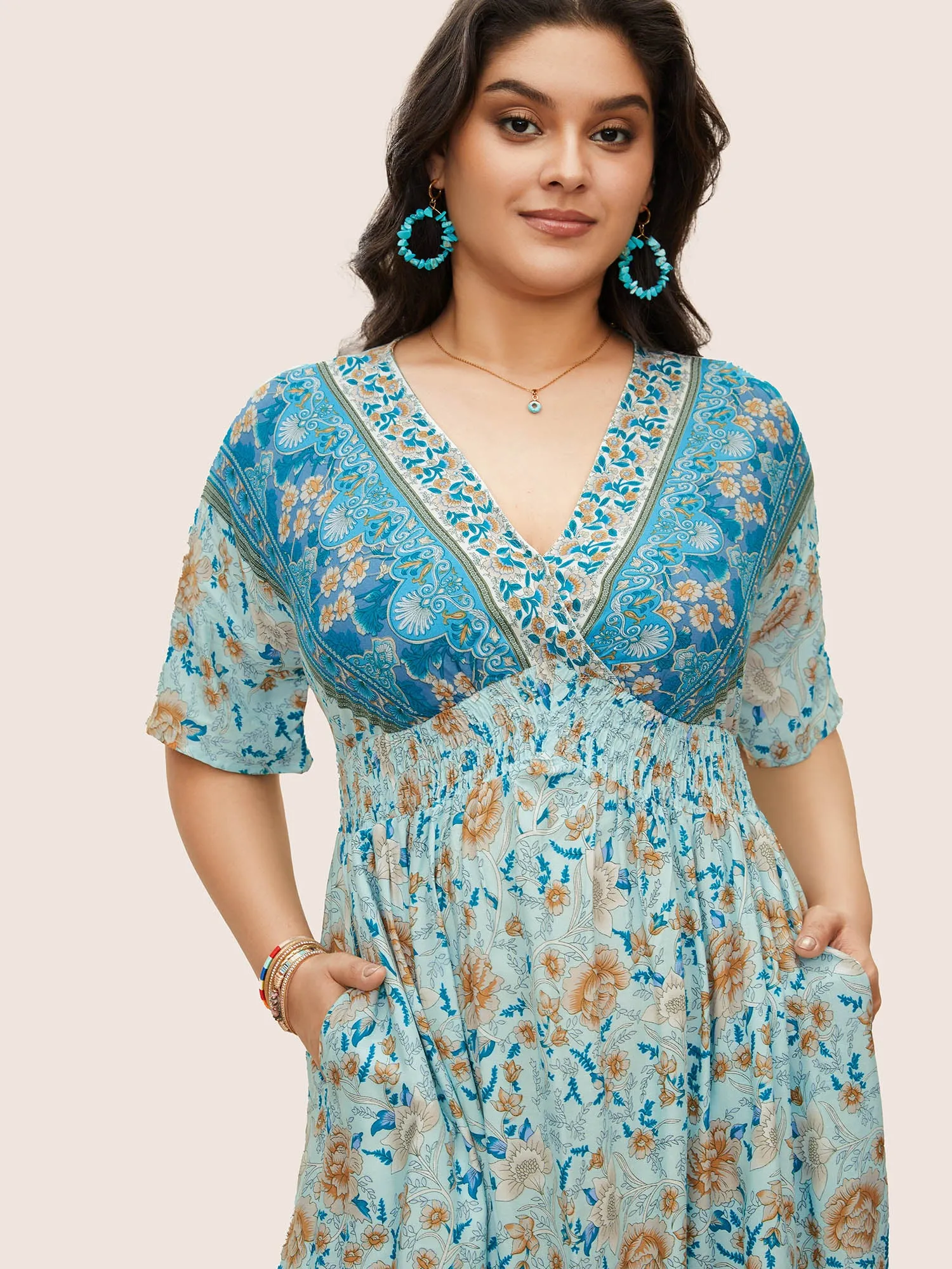 Floral Dolman Sleeve Ruffles Shirred Split Hem Dress sold by Bloomchic product image thumbnail 2