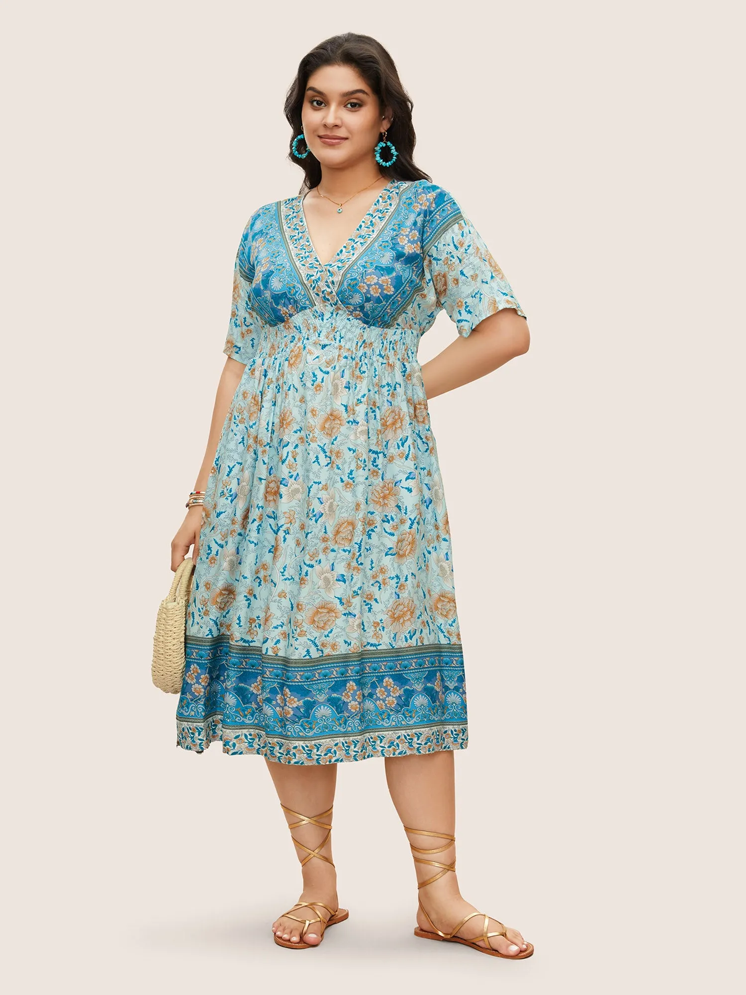 Floral Dolman Sleeve Ruffles Shirred Split Hem Dress sold by Bloomchic product image thumbnail 3