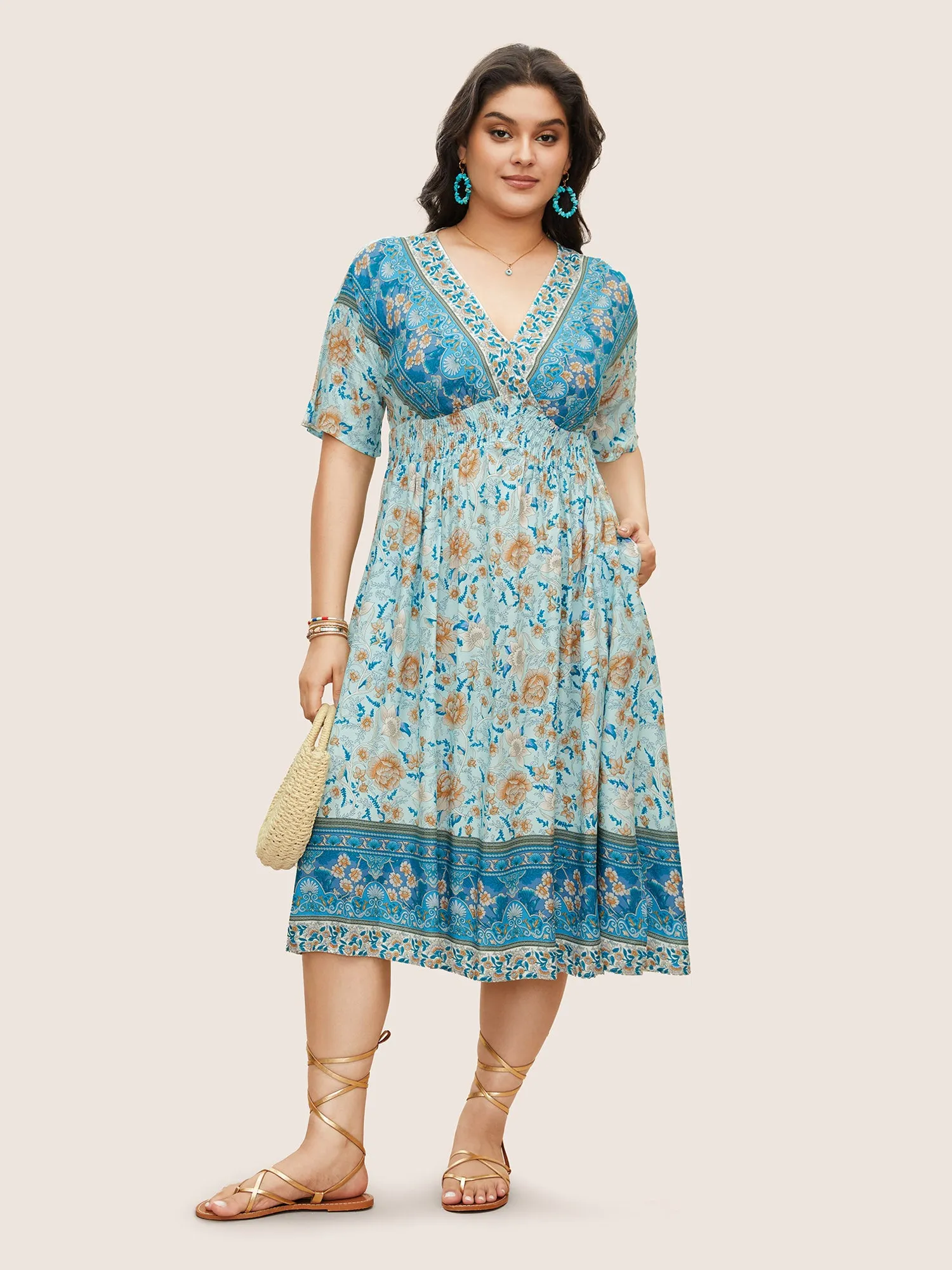 Floral Dolman Sleeve Ruffles Shirred Split Hem Dress sold by Bloomchic