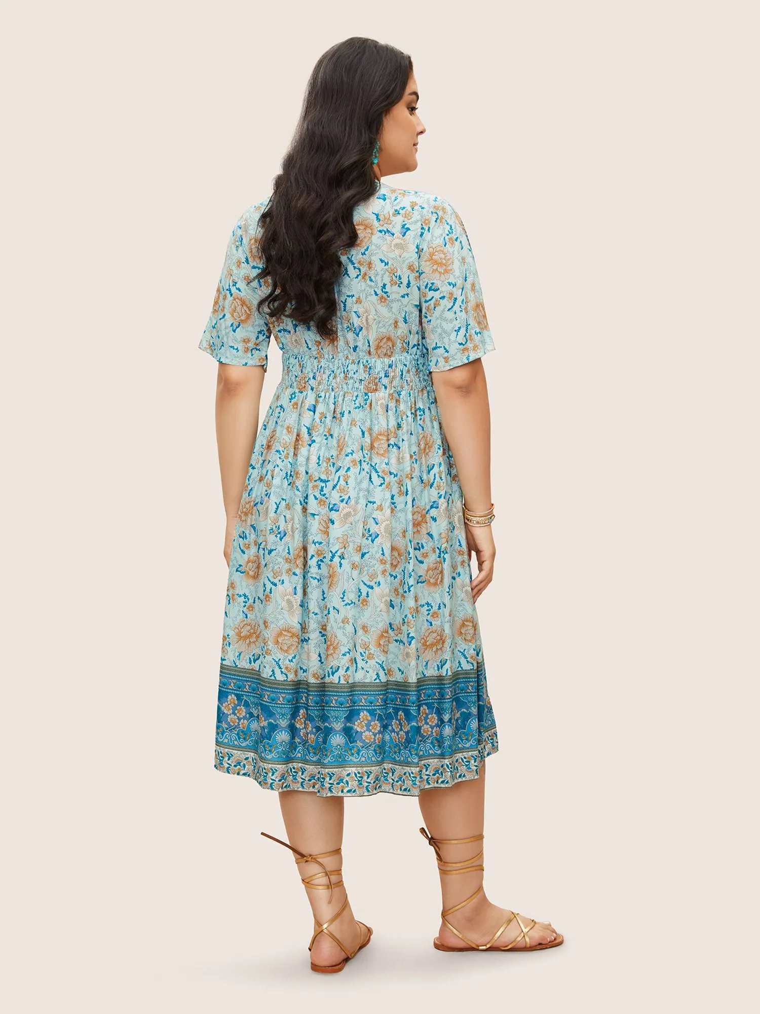 Floral Dolman Sleeve Ruffles Shirred Split Hem Dress sold by Bloomchic product image thumbnail 4