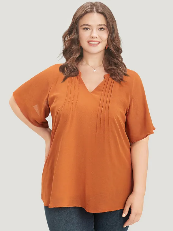 Solid Notched Pleated Mesh Raglan Sleeve Blouse sold by Bloomchic