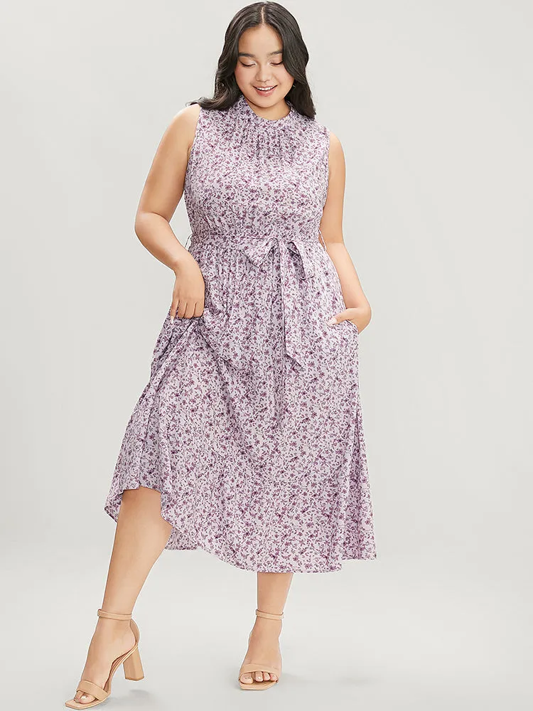 Ditsy Floral Keyhole Pocket Belted Mock Neck Ruffles Dress sold by Bloomchic product image thumbnail 3