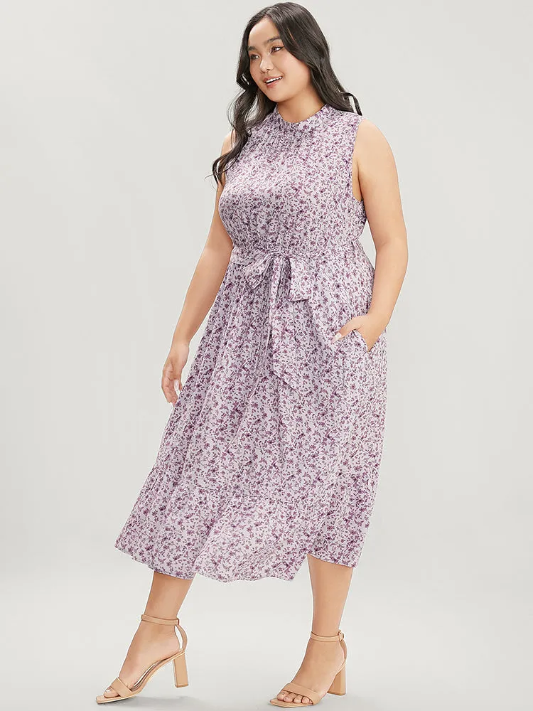 Ditsy Floral Keyhole Pocket Belted Mock Neck Ruffles Dress sold by Bloomchic product image thumbnail 4