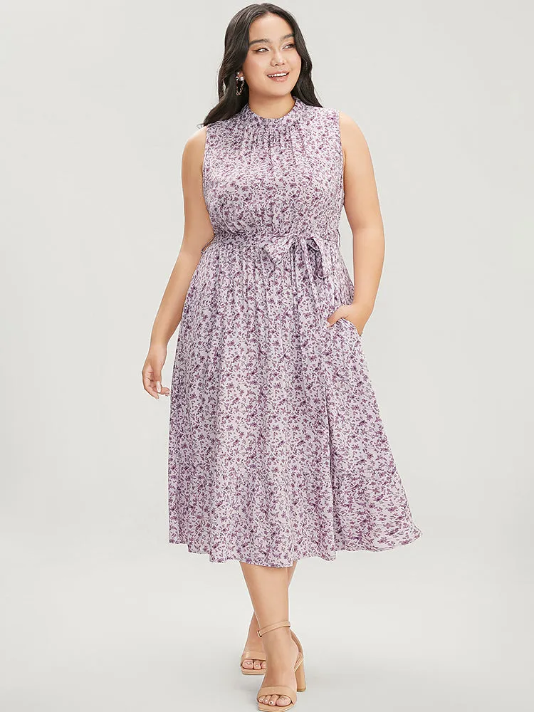 Ditsy Floral Keyhole Pocket Belted Mock Neck Ruffles Dress sold by Bloomchic product image thumbnail 2