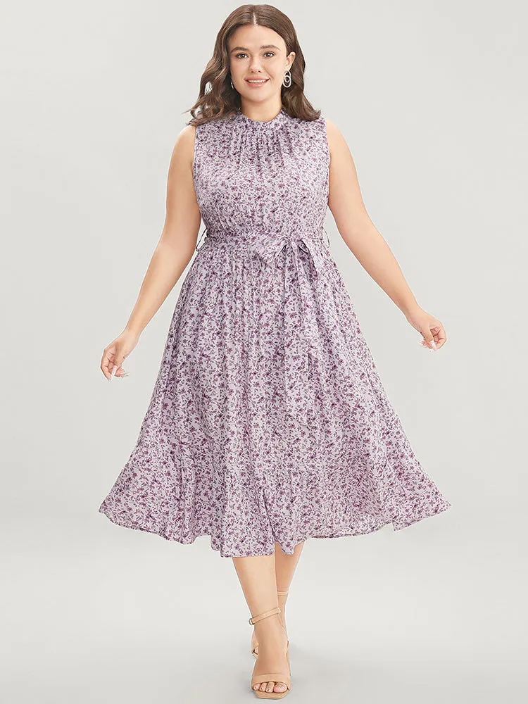 Ditsy Floral Keyhole Pocket Belted Mock Neck Ruffles Dress sold by Bloomchic