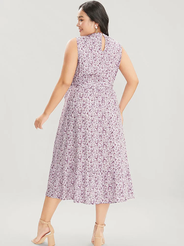 Ditsy Floral Keyhole Pocket Belted Mock Neck Ruffles Dress sold by Bloomchic product image thumbnail 5