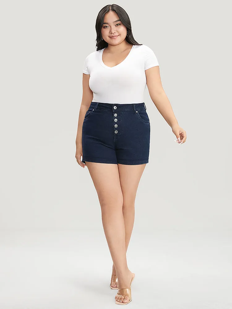 Slightly Stretchy High Rise Dark Wash Single Breasted Denim Shorts sold by Bloomchic product image thumbnail 3