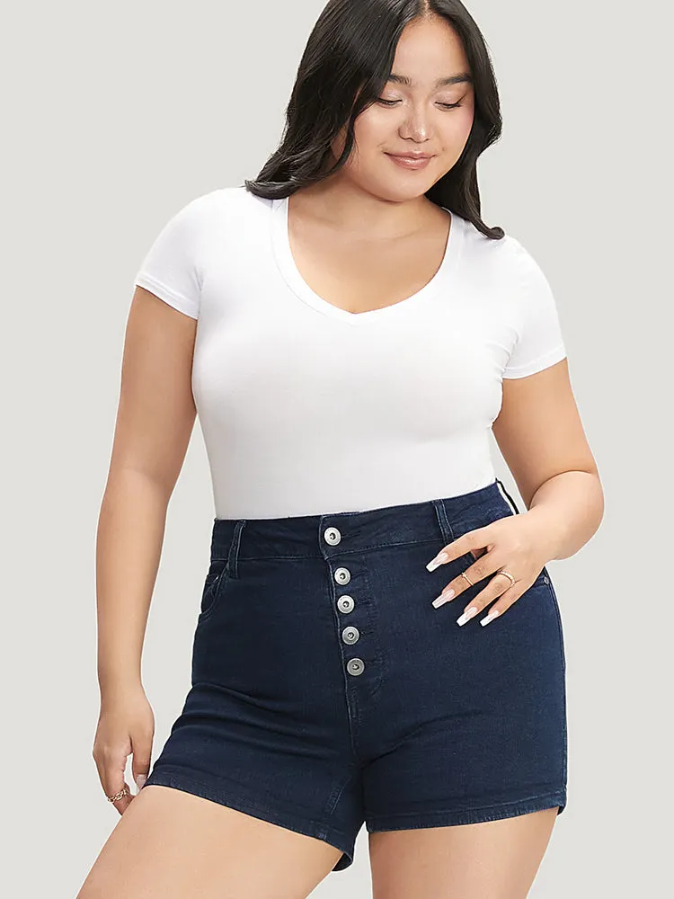 Slightly Stretchy High Rise Dark Wash Single Breasted Denim Shorts sold by Bloomchic product image thumbnail 4