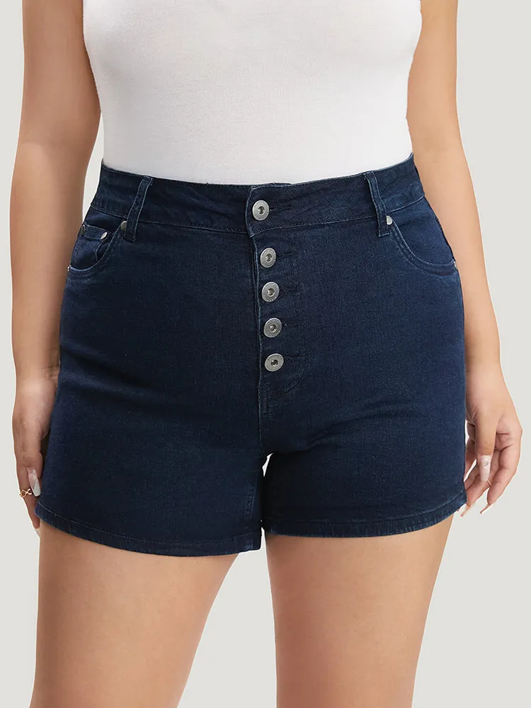 Slightly Stretchy High Rise Dark Wash Single Breasted Denim Shorts sold by Bloomchic