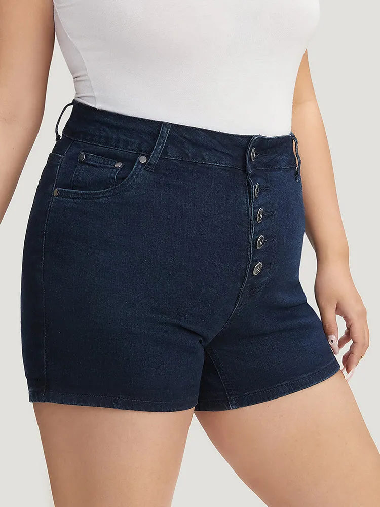 Slightly Stretchy High Rise Dark Wash Single Breasted Denim Shorts sold by Bloomchic product image thumbnail 5