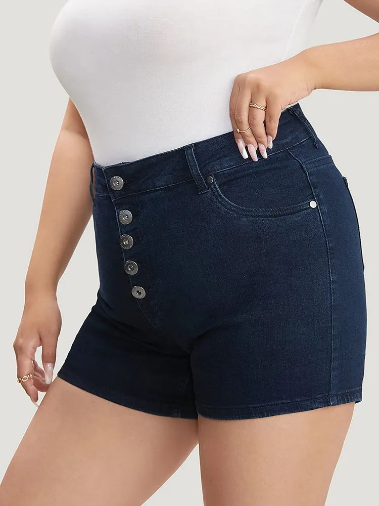 Slightly Stretchy High Rise Dark Wash Single Breasted Denim Shorts sold by Bloomchic product image thumbnail 2