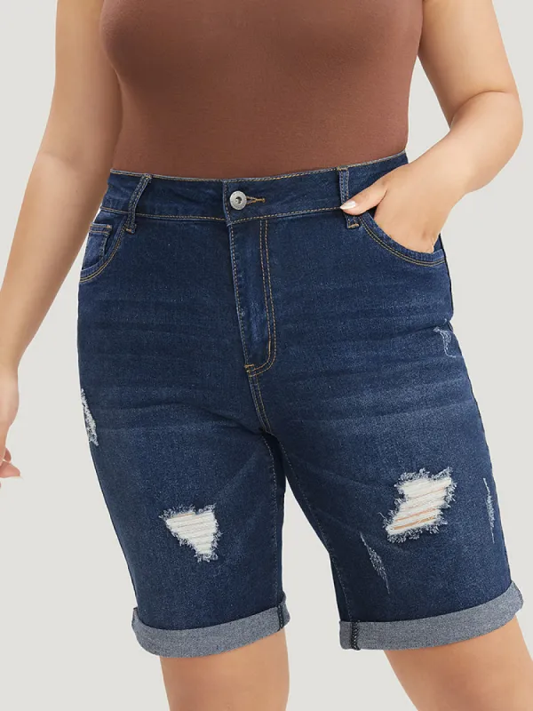 Slightly Stretchy High Rise Dark Wash Distressed Denim Shorts sold by Bloomchic