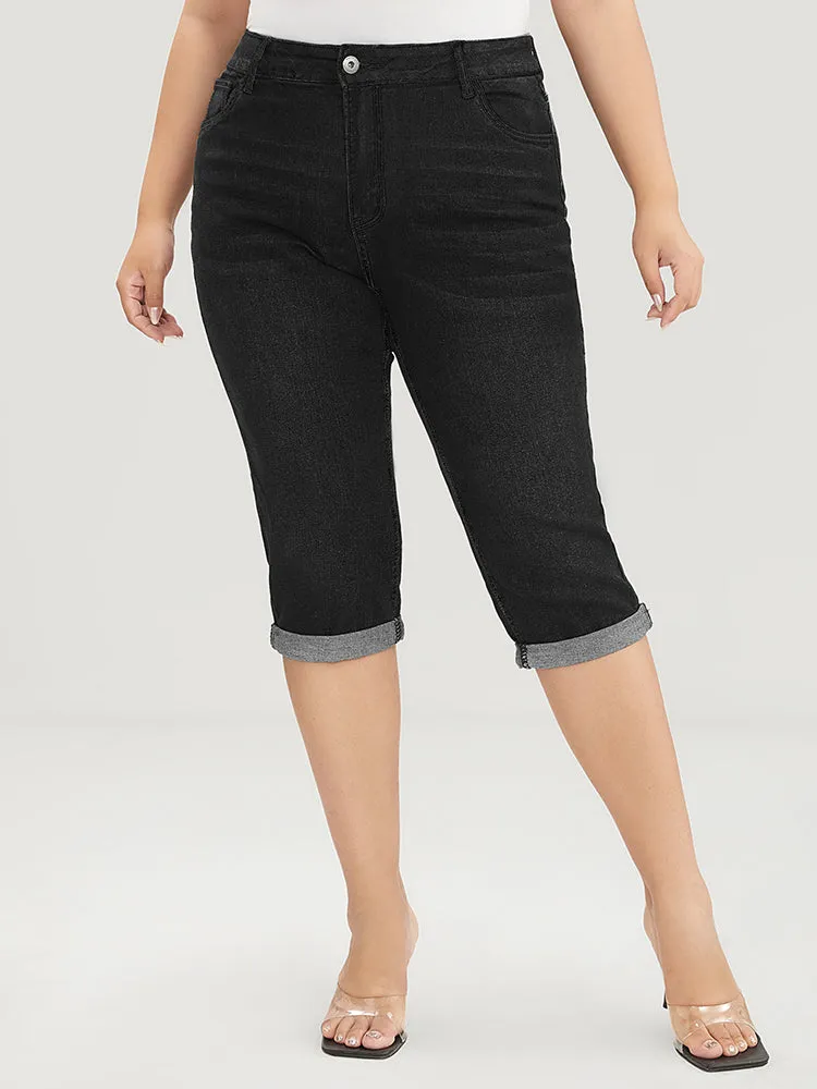 Slightly Stretchy High Rise Dark Wash Roll Hem Knee Denim Shorts sold by Bloomchic