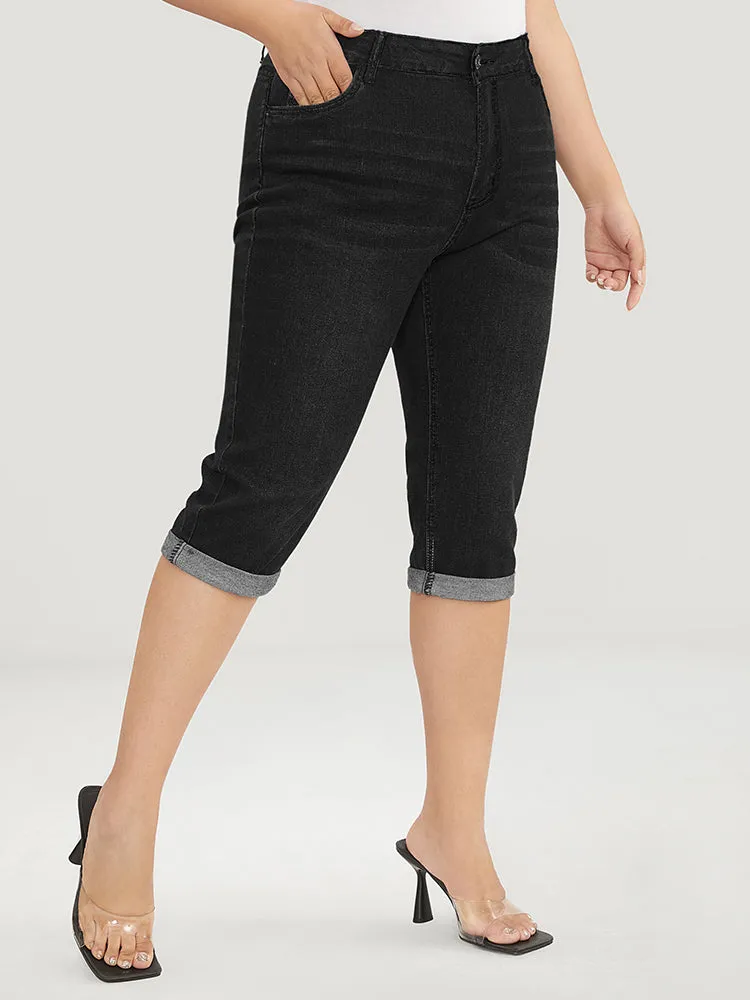 Slightly Stretchy High Rise Dark Wash Roll Hem Knee Denim Shorts sold by Bloomchic product image thumbnail 2