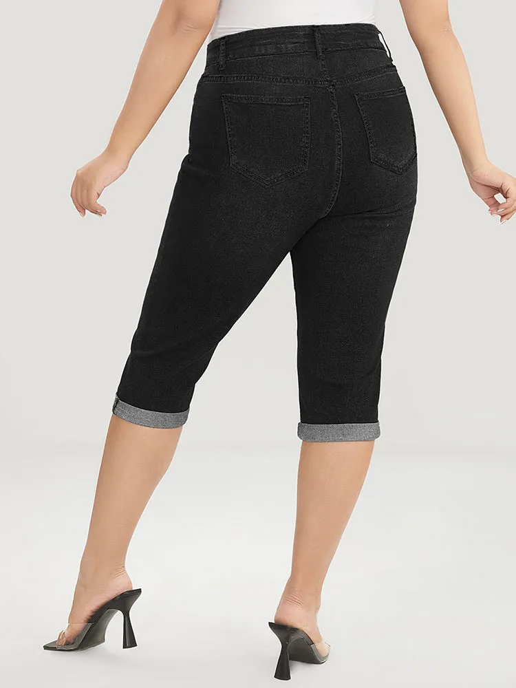 Slightly Stretchy High Rise Dark Wash Roll Hem Knee Denim Shorts sold by Bloomchic product image thumbnail 4