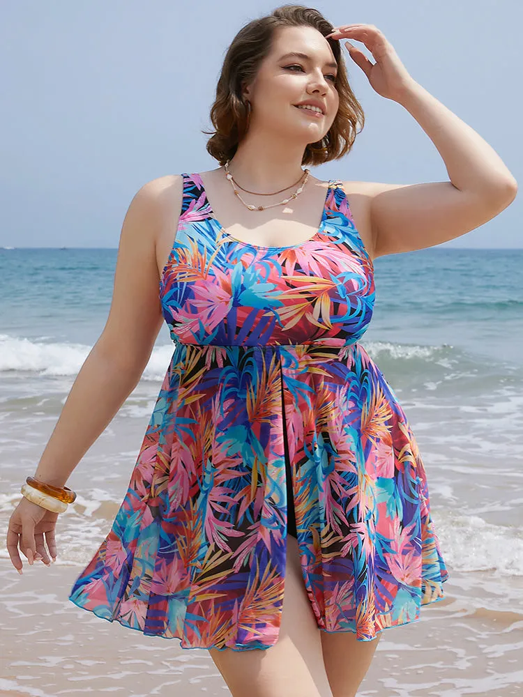 Tropical Print Ruffles Split Front Swim Dress sold by Bloomchic