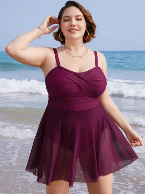 Mesh Patchwork Flutter Crossover Sculpt Waist Swim Dress sold by Bloomchic