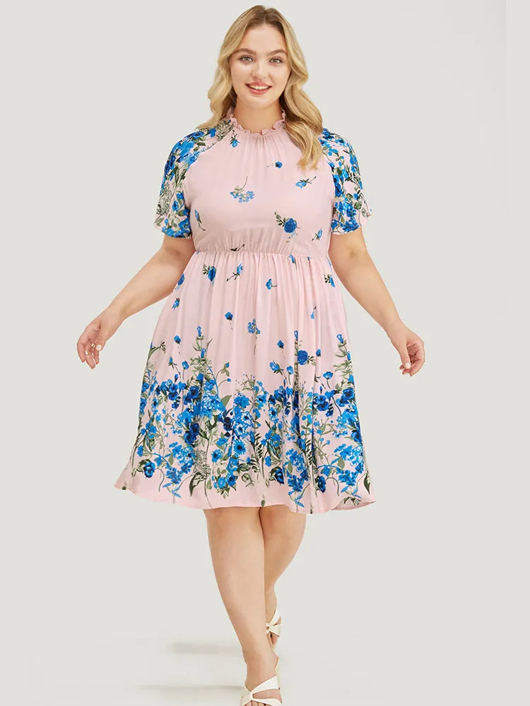 Floral & Butterfly Print Pocket Shirred Mock Neck Ruffles Dress sold by Bloomchic