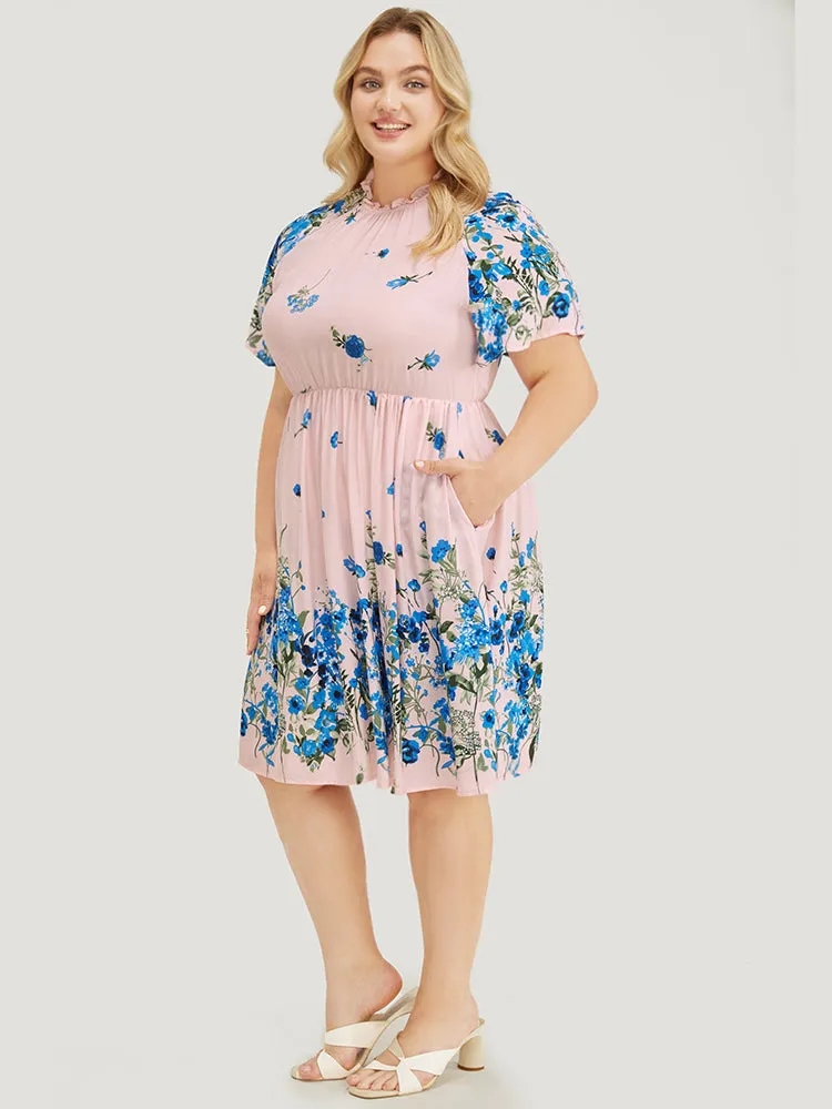 Floral & Butterfly Print Pocket Shirred Mock Neck Ruffles Dress sold by Bloomchic product image thumbnail 2