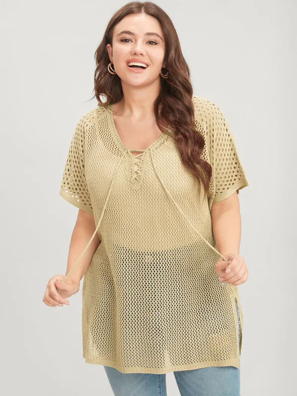 Plain Split Cut Out Lace Up Knit Top sold by Bloomchic