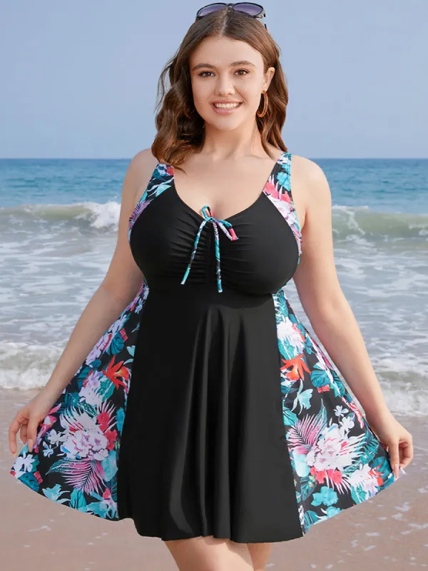 Tropical Contrast Drawstring Ruched Ruffles  Swim Dress sold by Bloomchic