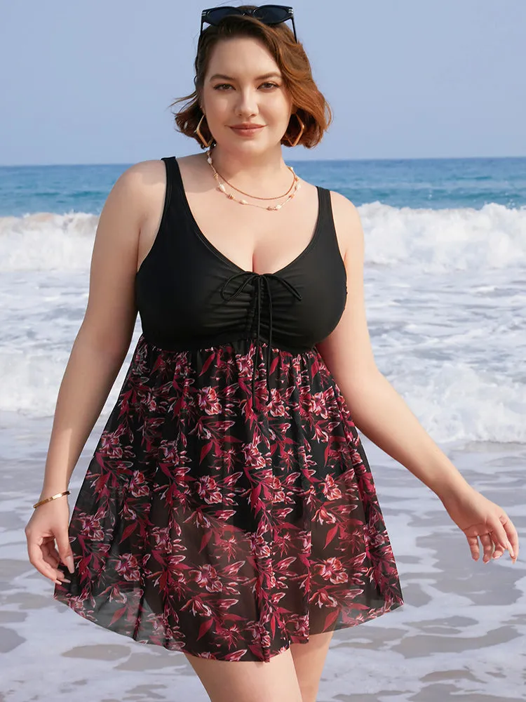 Plant Print Drawstring Ruffles Ruched A Line Swim Dress sold by Bloomchic product image thumbnail 3