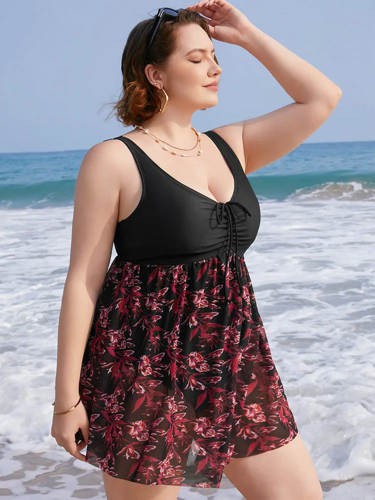 Plant Print Drawstring Ruffles Ruched A Line Swim Dress sold by Bloomchic product image thumbnail 4