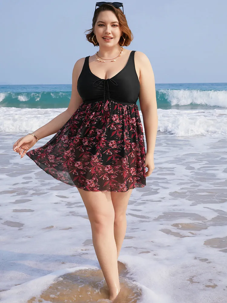 Plant Print Drawstring Ruffles Ruched A Line Swim Dress sold by Bloomchic product image thumbnail 5